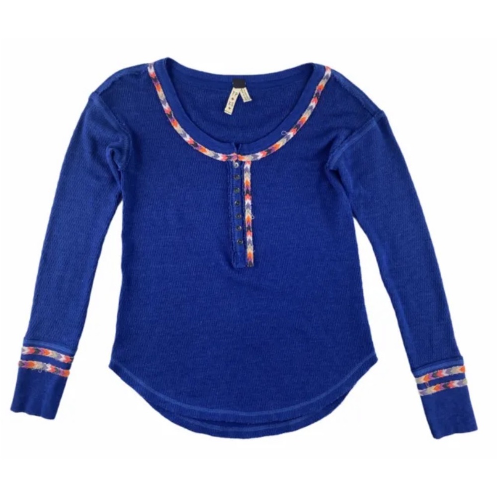We The Free People Thermal Rainbow Blue Henley Top Embroidered